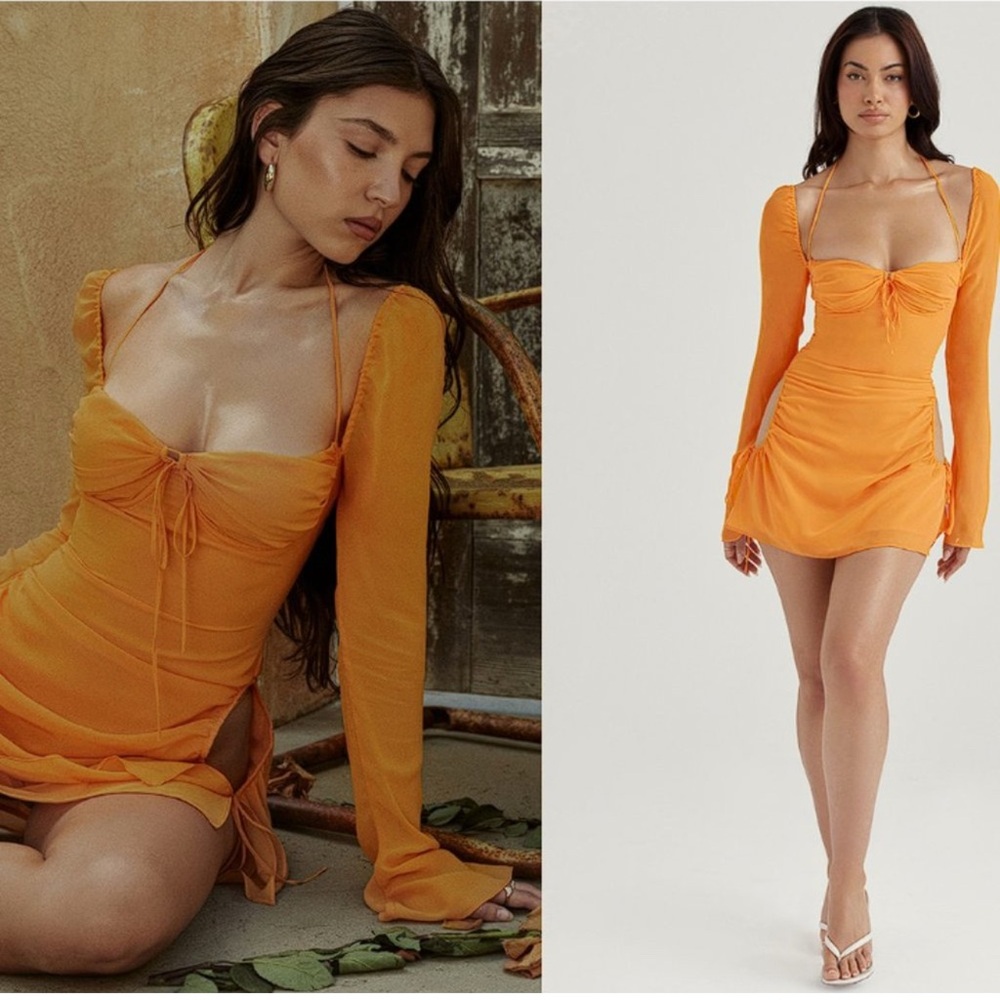 HOUSE OF CB 'Baby' Tangerine Chiffon Halter Mini Dress Sz S Plus Cup Cottage